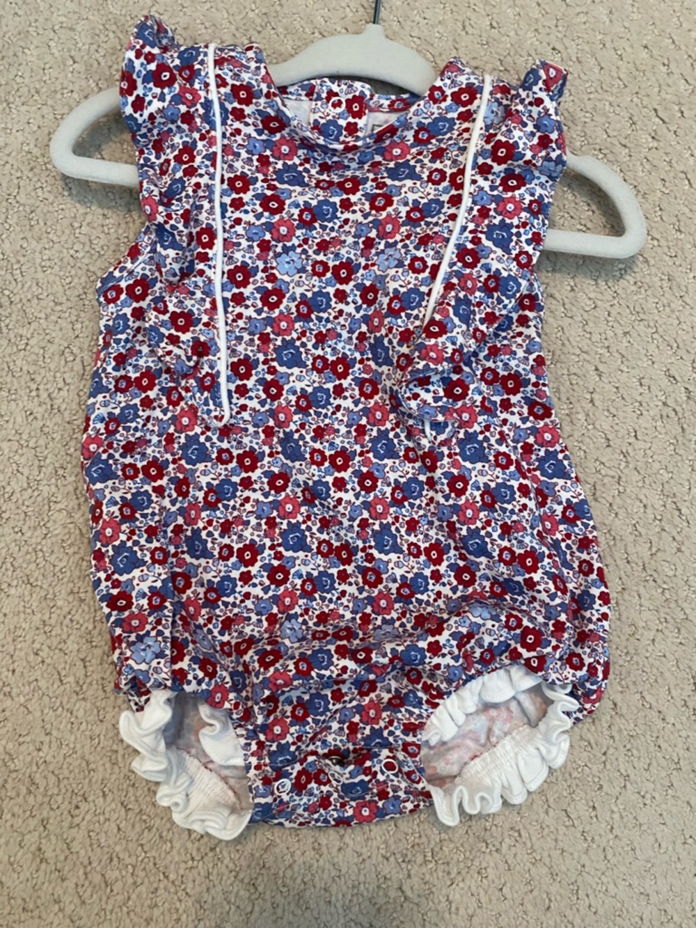 Liberty Print Ruffle Baby Girls One-Piece Romper - Pink, Red, & Blue